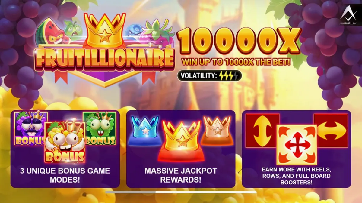 Tampilan visual kerajaan buah yang penuh dengan karakter buah kartun dalam slot Fruitillionaire