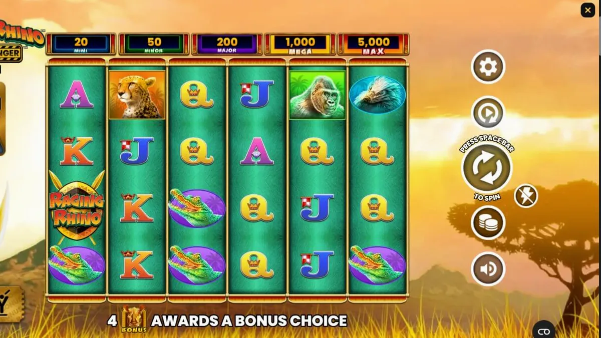 Tampilan visual slot Raging Rhino Double Danger dengan tema sabana Afrika yang megah.